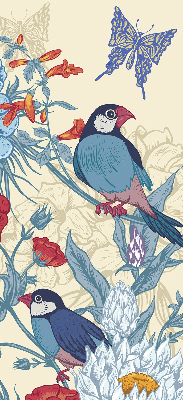 Store fenêtre intérieur des oiseaux parmi les fleurs