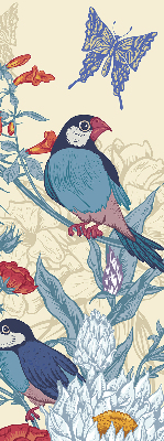 Store fenêtre intérieur des oiseaux parmi les fleurs
