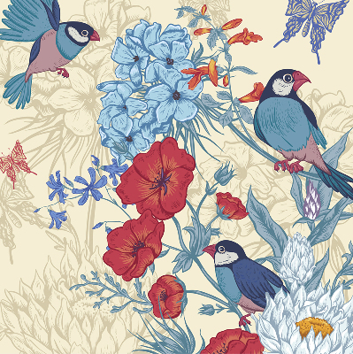 Store fenêtre intérieur des oiseaux parmi les fleurs