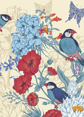 Store fenêtre intérieur des oiseaux parmi les fleurs
