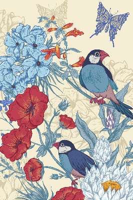 Store fenêtre intérieur des oiseaux parmi les fleurs