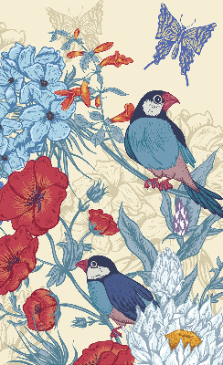 Store fenêtre intérieur des oiseaux parmi les fleurs