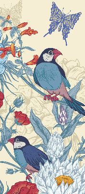 Store fenêtre intérieur des oiseaux parmi les fleurs