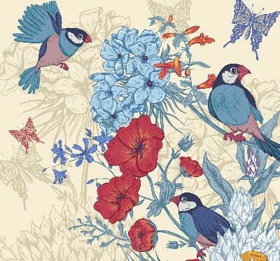 Store fenêtre intérieur des oiseaux parmi les fleurs
