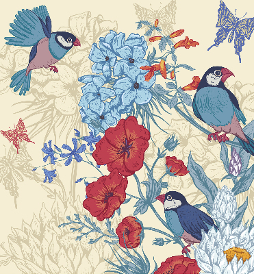 Store fenêtre intérieur des oiseaux parmi les fleurs