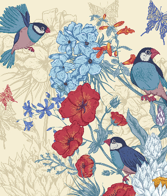 Store fenêtre intérieur des oiseaux parmi les fleurs