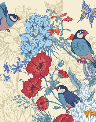 Store fenêtre intérieur des oiseaux parmi les fleurs