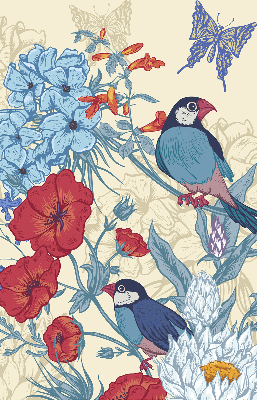 Store fenêtre intérieur des oiseaux parmi les fleurs
