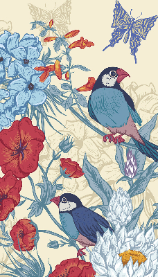 Store fenêtre intérieur des oiseaux parmi les fleurs