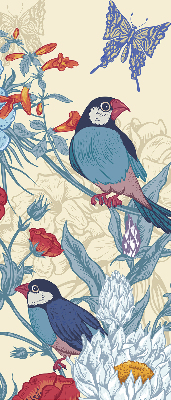 Store fenêtre intérieur des oiseaux parmi les fleurs