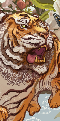 Store enrouleur occultant avec motif tigre dans les fleurs