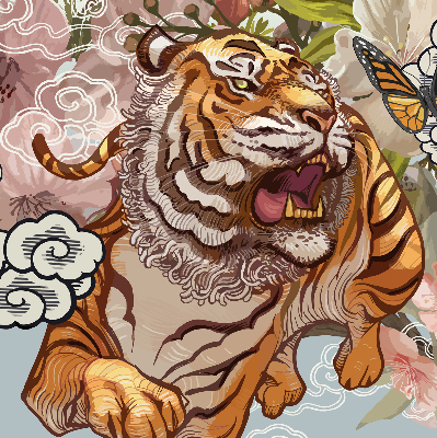 Store enrouleur occultant avec motif tigre dans les fleurs