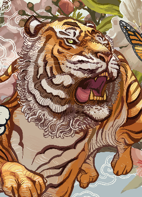 Store enrouleur occultant avec motif tigre dans les fleurs