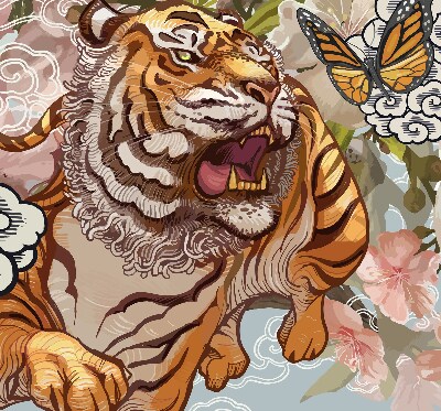 Store enrouleur occultant avec motif tigre dans les fleurs