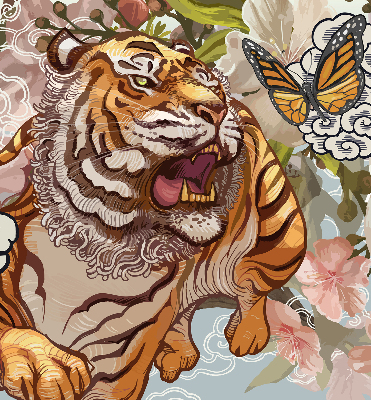 Store enrouleur occultant avec motif tigre dans les fleurs