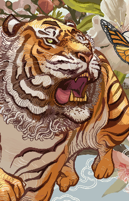Store enrouleur occultant avec motif tigre dans les fleurs