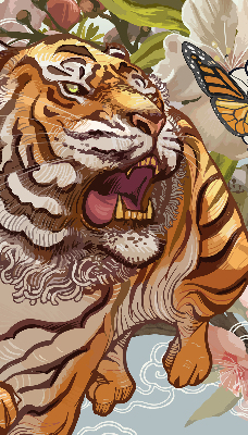Store enrouleur occultant avec motif tigre dans les fleurs