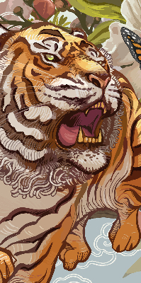 Store enrouleur occultant avec motif tigre dans les fleurs