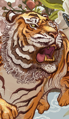 Store enrouleur occultant avec motif tigre dans les fleurs