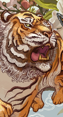 Store enrouleur occultant avec motif tigre dans les fleurs