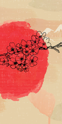 Store fenêtre intérieur avec des fleurs dans un cercle rouge