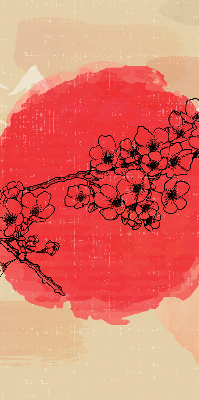 Store fenêtre intérieur avec des fleurs dans un cercle rouge