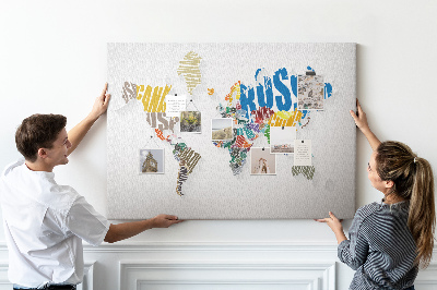 Tableau de liège décoratif Carte textuelle du monde