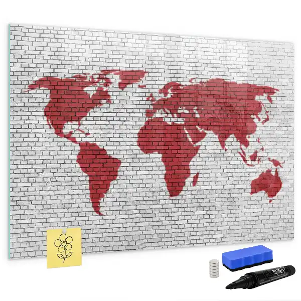 Tableau magnétique à dessiner motif carte du monde sur mur de briques