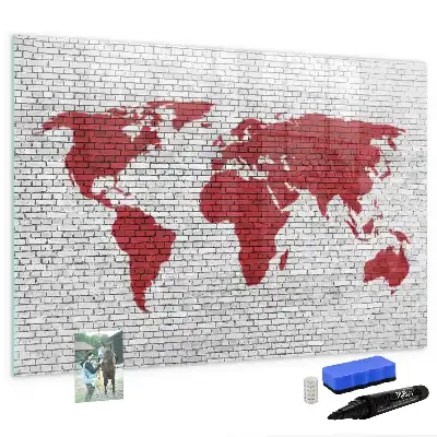 Tableau magnétique à dessiner motif carte du monde sur mur de briques