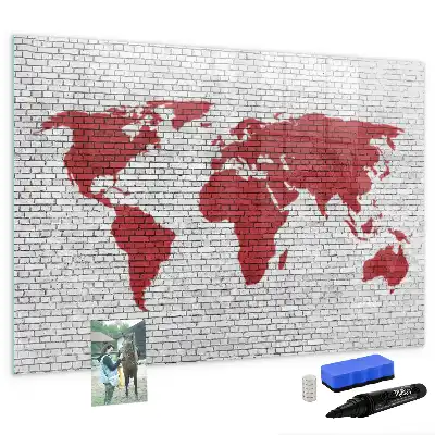 Tableau magnétique à dessiner motif carte du monde sur mur de briques