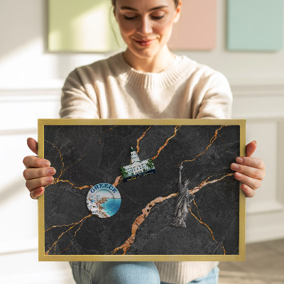 Tableau magnétique avec cadre doré Marbre foncé décoré