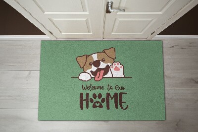 Tapis d'entrée Welcome to our home Chien sur fond vert