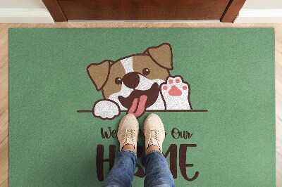 Tapis d'entrée Welcome to our home Chien sur fond vert