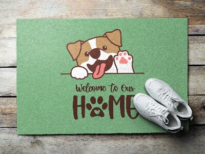 Tapis d'entrée Welcome to our home Chien sur fond vert