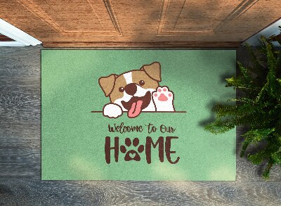 Tapis d'entrée Welcome to our home Chien sur fond vert