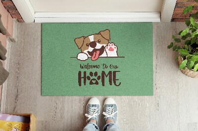 Tapis d'entrée Welcome to our home Chien sur fond vert