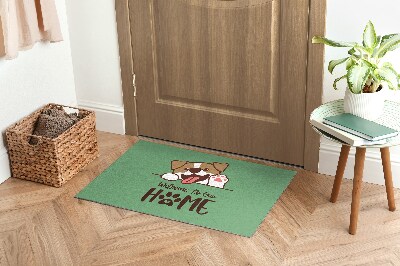 Tapis d'entrée Welcome to our home Chien sur fond vert