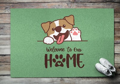 Tapis d'entrée Welcome to our home Chien sur fond vert