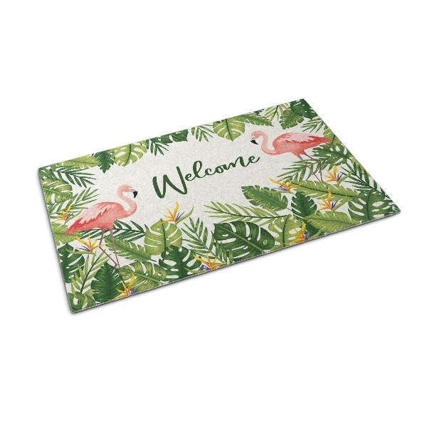 Tapis d'entrée Welcome Flamants roses et feuilles