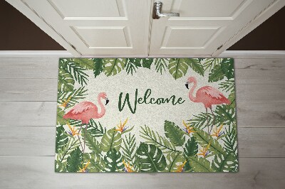 Tapis d'entrée Welcome Flamants roses et feuilles