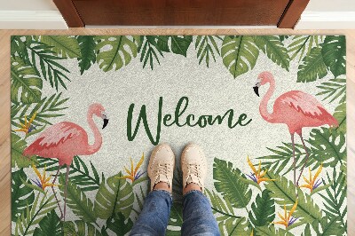 Tapis d'entrée Welcome Flamants roses et feuilles