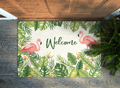 Tapis d'entrée Welcome Flamants roses et feuilles