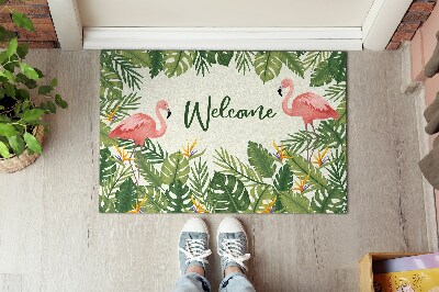 Tapis d'entrée Welcome Flamants roses et feuilles