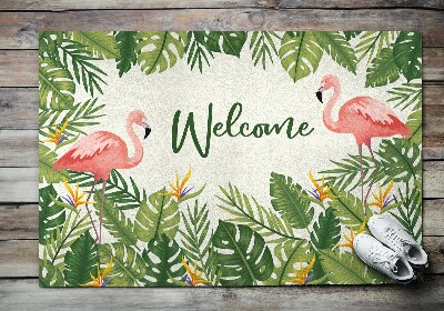 Tapis d'entrée Welcome Flamants roses et feuilles