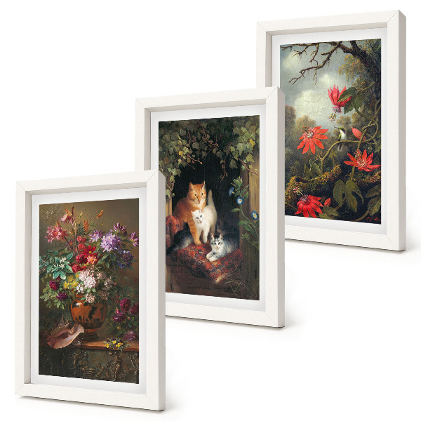 Lot de 3 tableaux Fleurs vintage, chats et plantes dans la nature