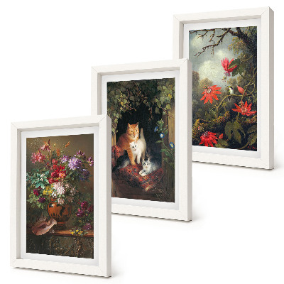 Lot de 3 tableaux Fleurs vintage, chats et plantes dans la nature