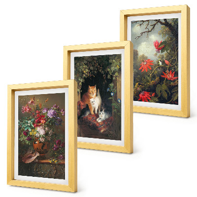 Lot de 3 tableaux Fleurs vintage, chats et plantes dans la nature
