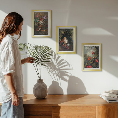 Lot de 3 tableaux Fleurs vintage, chats et plantes dans la nature