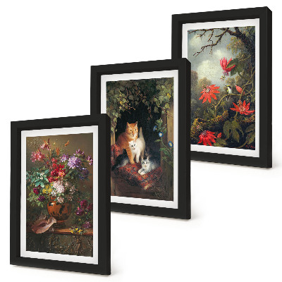 Lot de 3 tableaux Fleurs vintage, chats et plantes dans la nature