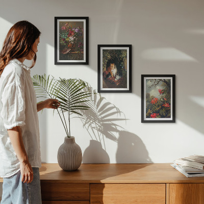 Lot de 3 tableaux Fleurs vintage, chats et plantes dans la nature